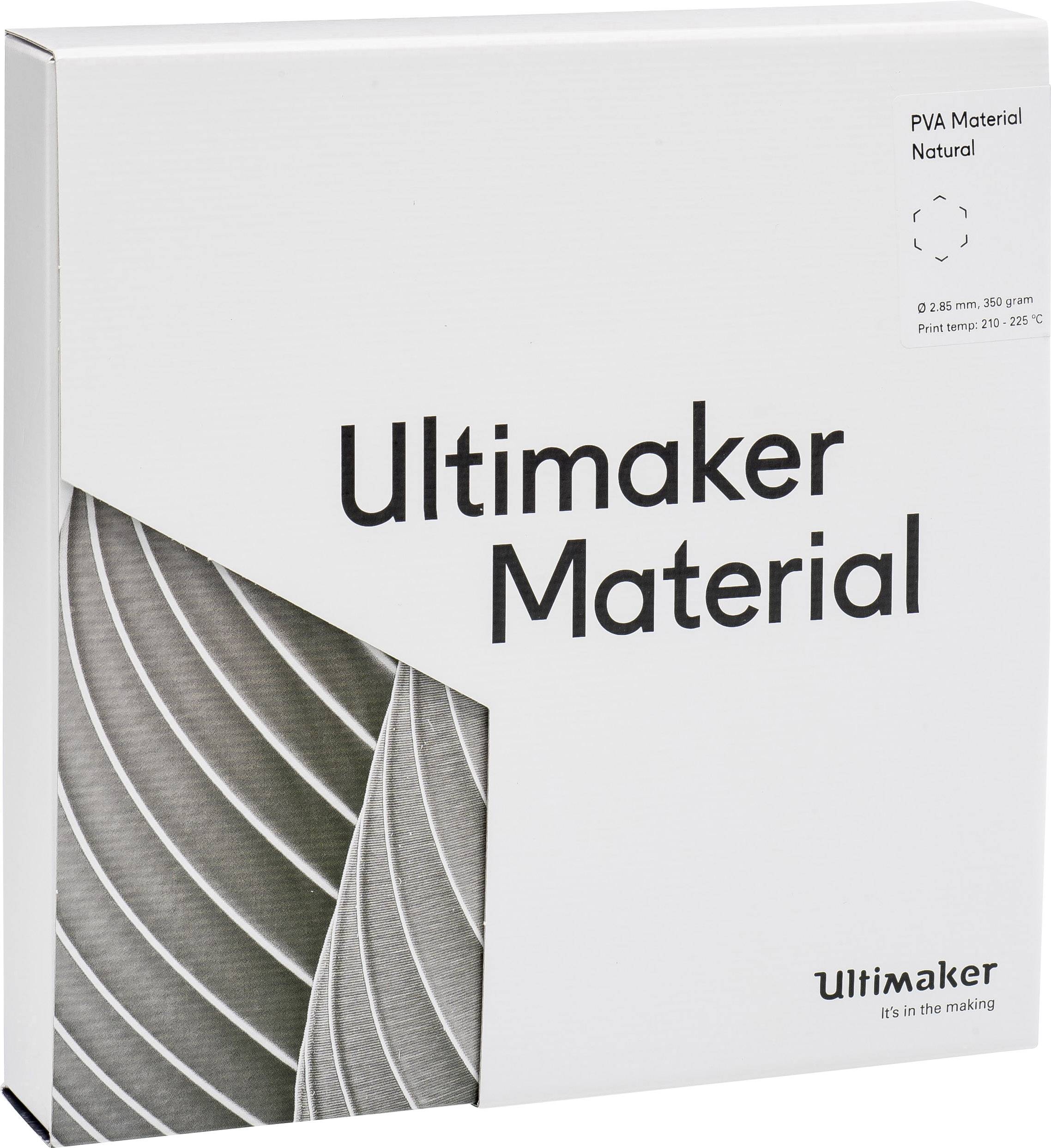 Boîte de 'Matériau Ultimaker' contenant du matériau PVA, adapté pour l'impression 3D. Présente un design d'emballage avec le logo et la description du matériau sur la face avant.