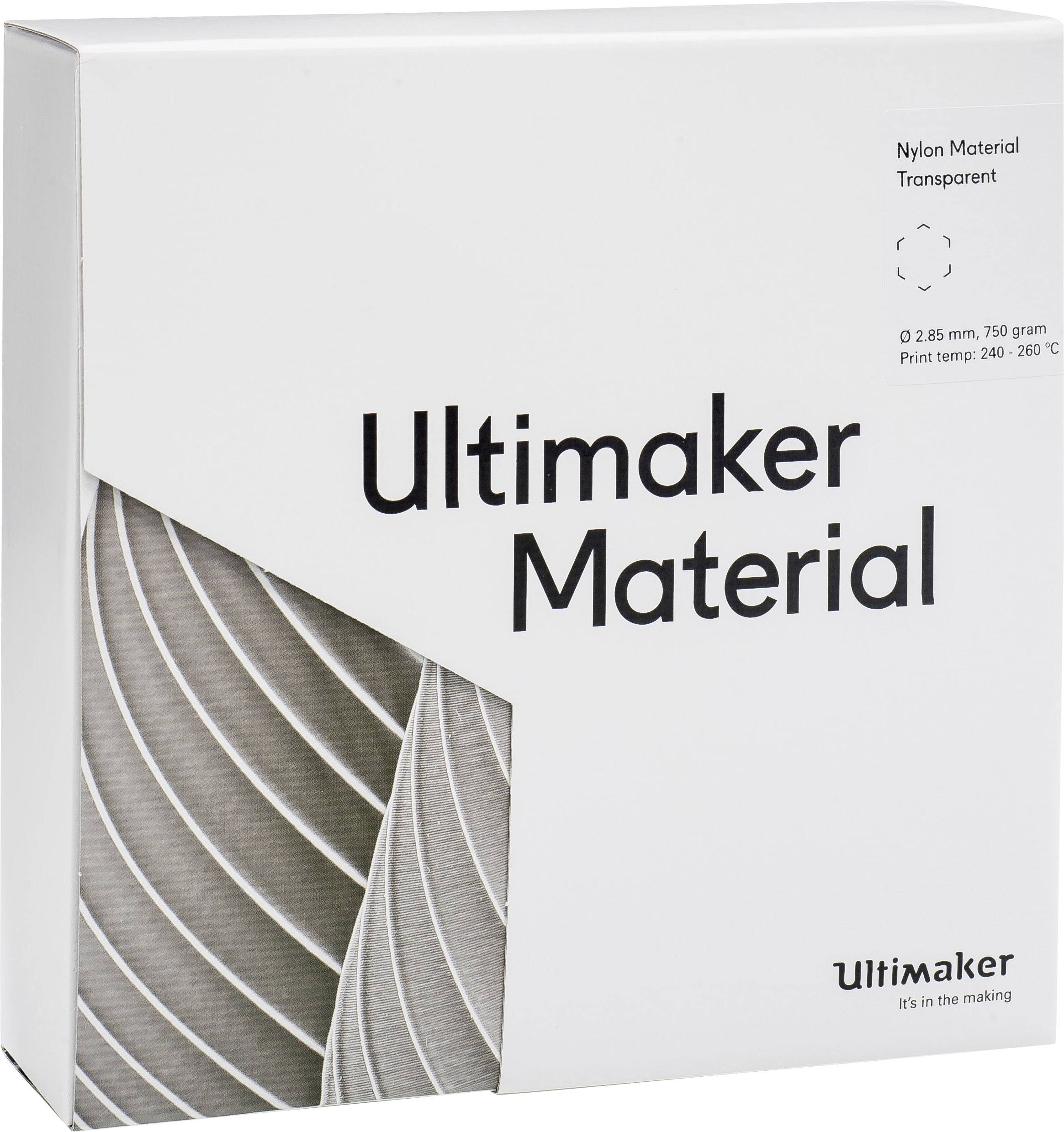 Emballage 'Ultimaker Material' pour Nylon, transparent, diamètre de 2,85 mm, poids de 750 g. Plage de température d'impression recommandée : 240–260°C.