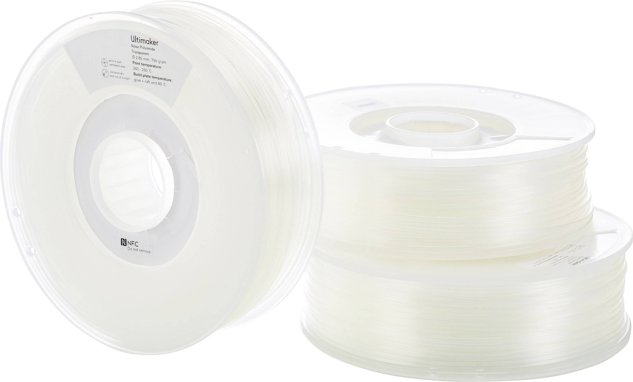 Deux rouleaux de filament d'imprimante 3D transparents côte à côte, l'un debout, l'autre couché, avec le nom de la marque et les informations visibles.