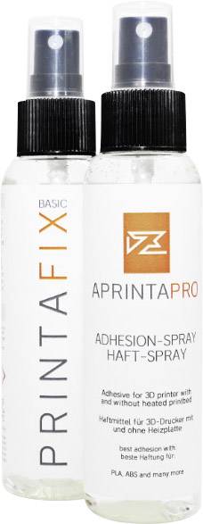 Deux bouteilles de colle en spray pour imprimantes 3D ; à gauche 'PRINTAFIX Basic', à droite 'APRINTA PRO Adhesion-Spray'.
