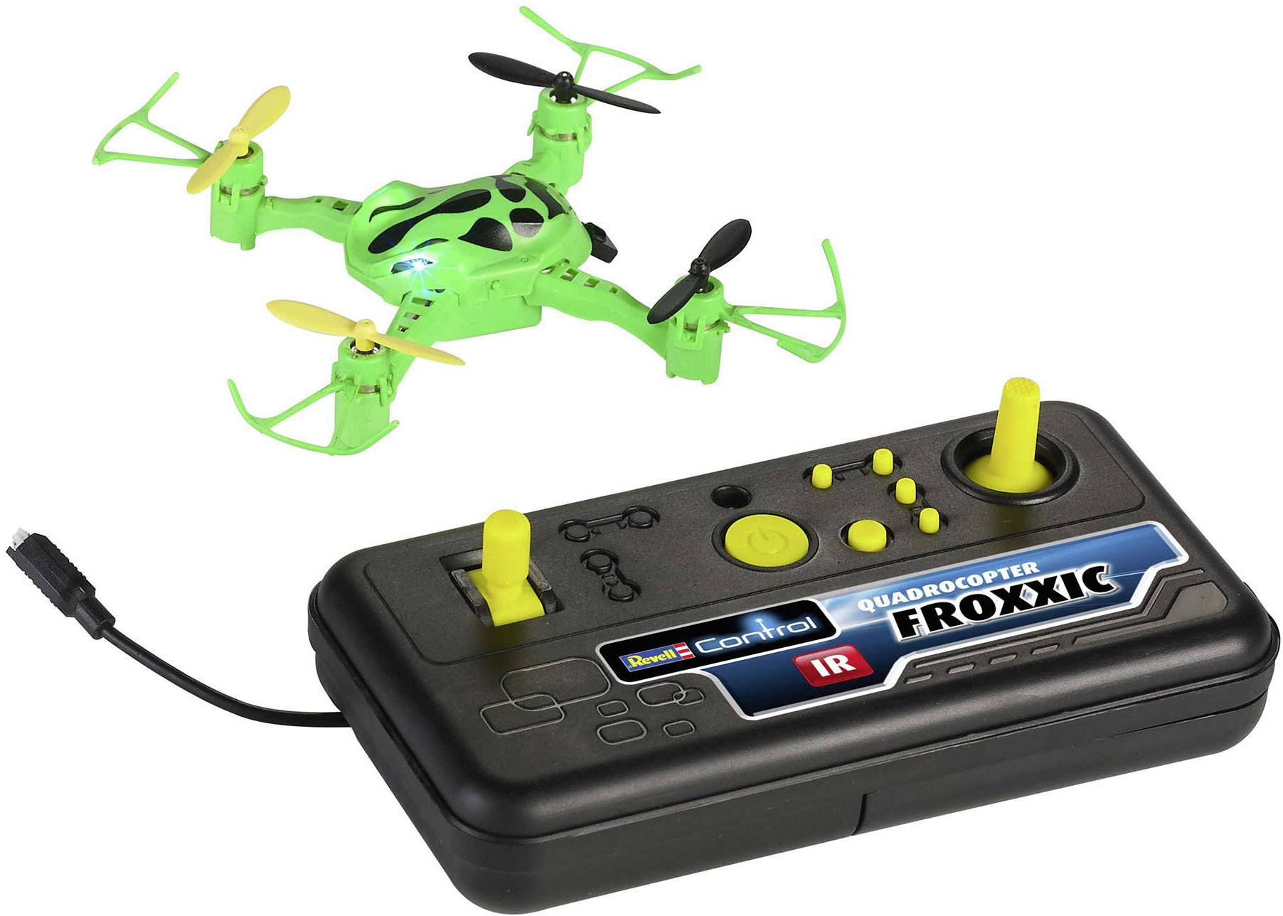 Un mini-drone vert avec des hélices jaunes survole une télécommande noire à leviers jaunes, de la marque Froxxic.