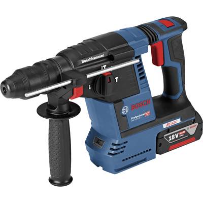 Marteau perforateur sans fil Bosch en bleu avec poignée rouge et noire, avec une poignée supplémentaire à gauche. Modèle 'Professional 18V'.