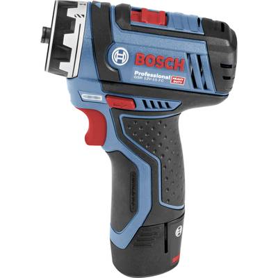 Un tournevis sans fil Bosch bleu et noir avec déclencheur rouge, modèle GSR 12V-15 FC, adapté aux applications professionnelles.