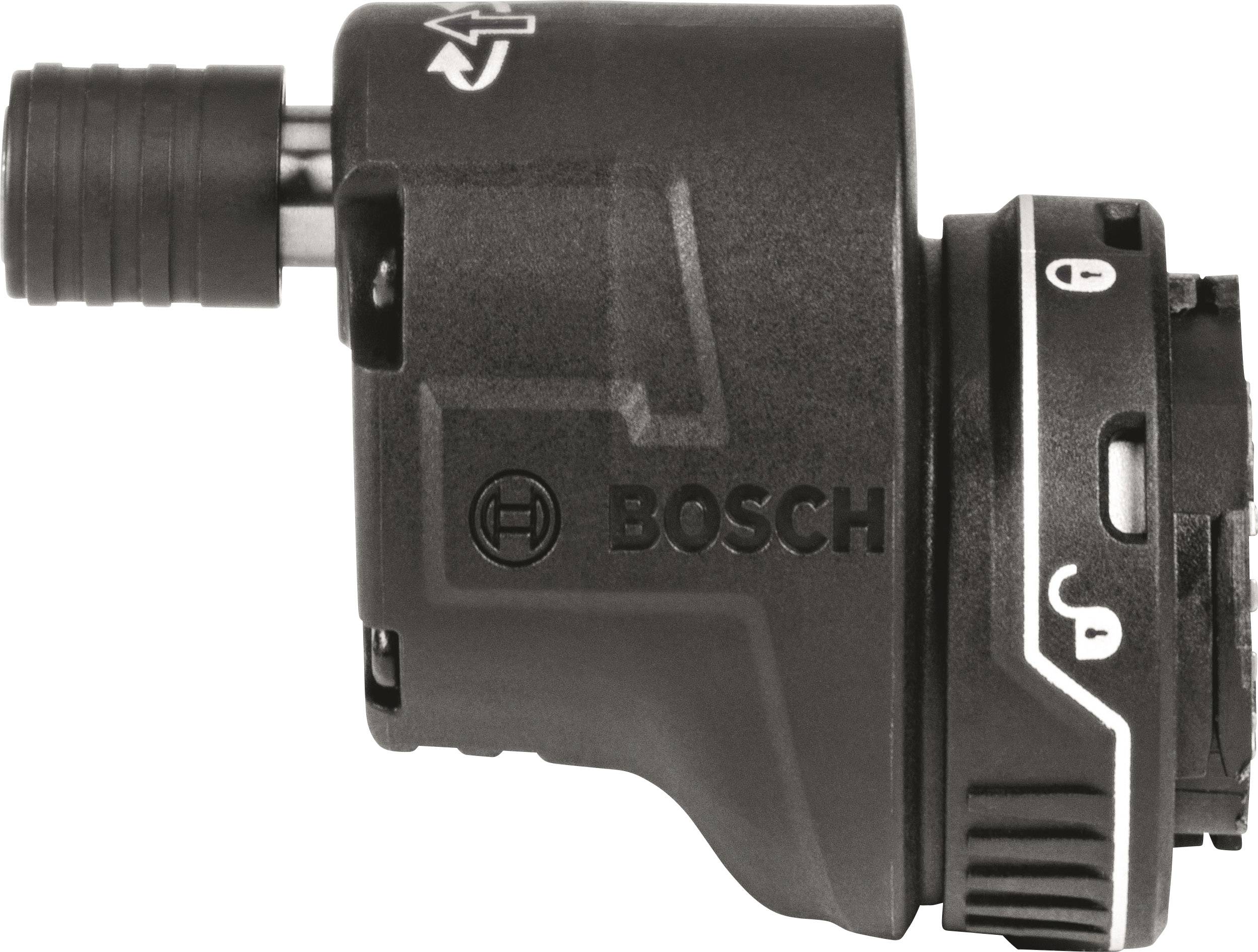 Un accessoire de perceuse noir Bosch avec molette de réglage et indicateur de direction. À droite, des symboles indiquent les réglages de couple.