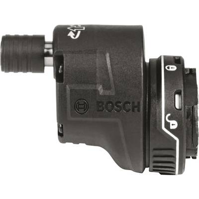 Un accessoire de perceuse noir Bosch avec molette de réglage et indicateur de direction. À droite, des symboles indiquent les réglages de couple.
