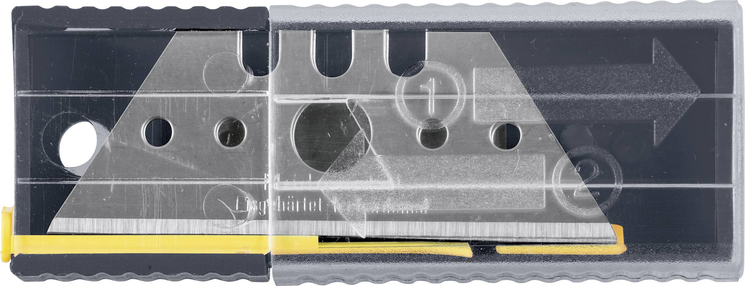 Un ensemble de lames de rechange dans un emballage rectangulaire transparent. Les lames sont percées de trous pour leur fixation dans l'outil.