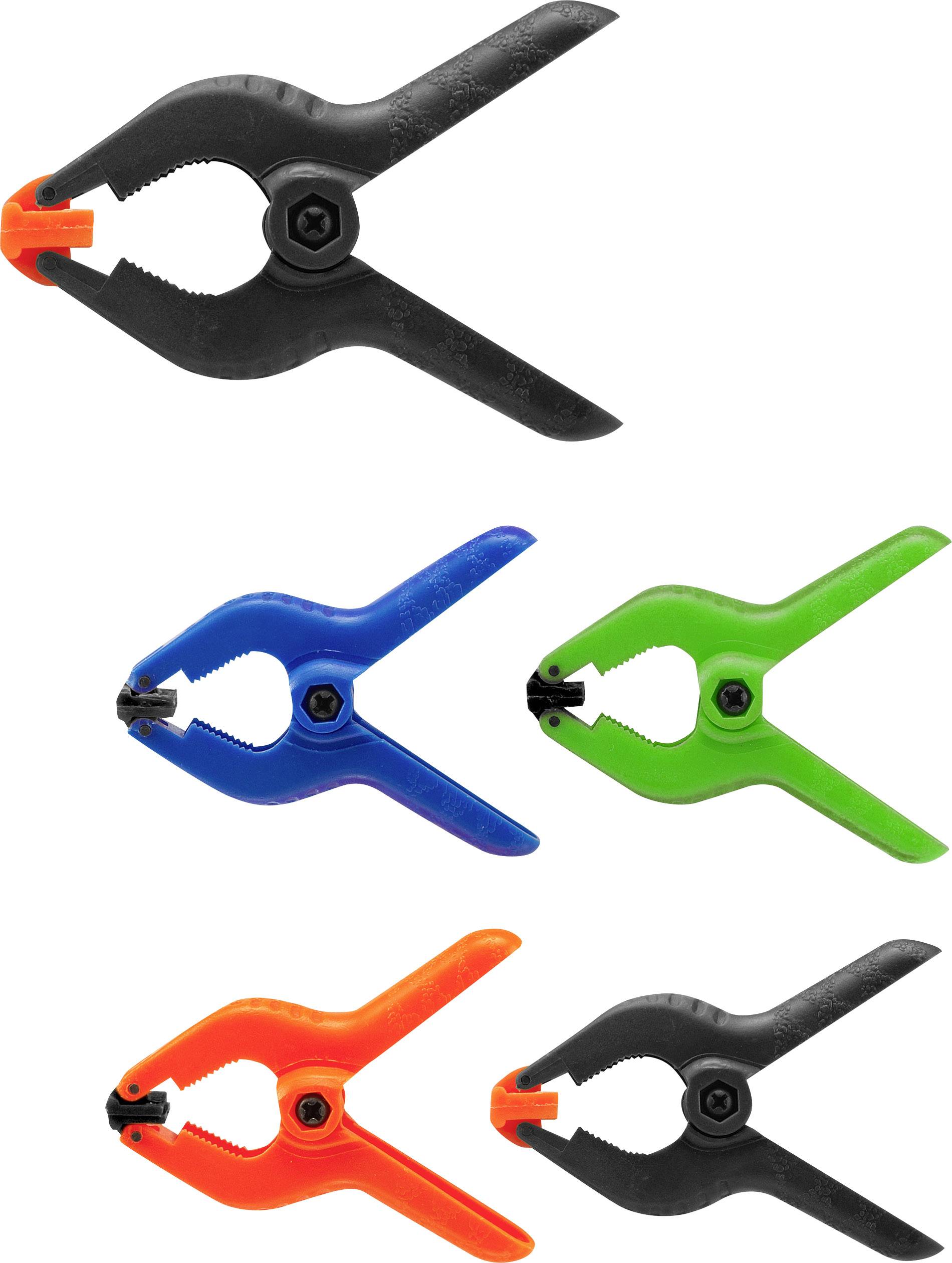 Cinq pinces différentes en noir, bleu, vert et orange. Elles sont disposées dans des positions variées.