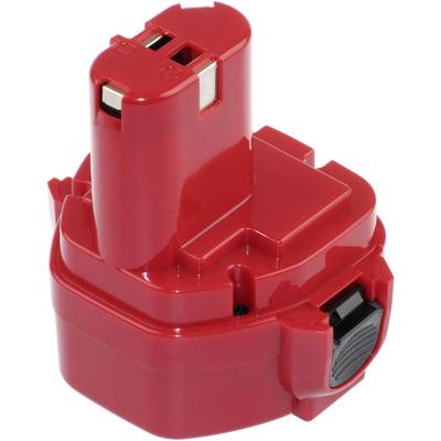 Pack d'accumulateurs d'outils rouge avec connexions et mécanisme de verrouillage, typique des batteries rechargeables pour outils électriques.