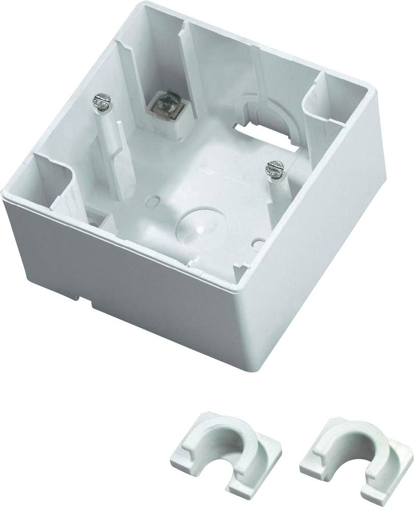 Boîte d'encastrement de prise électrique en blanc pour fixation murale, équipée de deux clips de maintien pour la fixation des câbles.