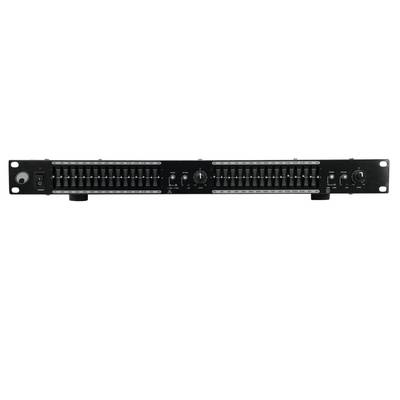 Un égaliseur audio en rack 19 pouces avec plusieurs curseurs pour l'ajustement des fréquences et des boutons rotatifs pour le réglage du volume.