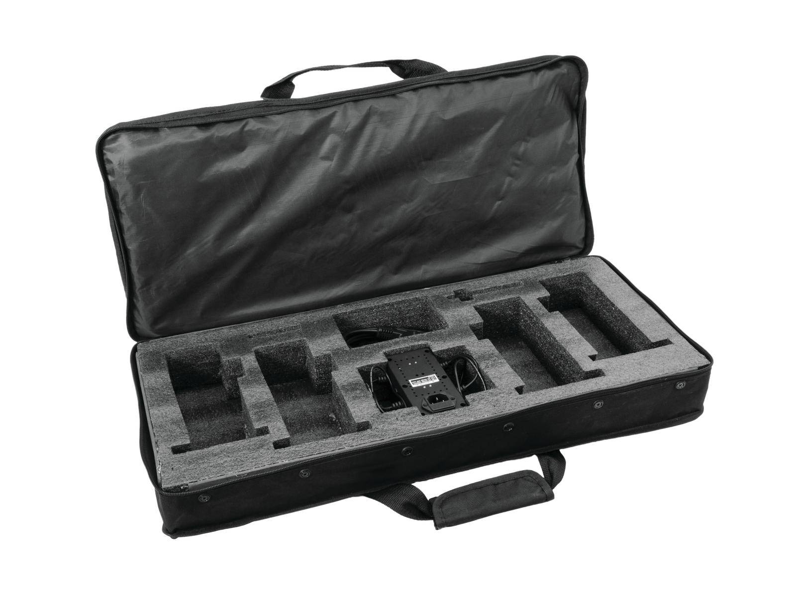 Un sac de transport noir ouvert avec des compartiments en mousse pour le transport en toute sécurité des appareils électroniques et des accessoires.