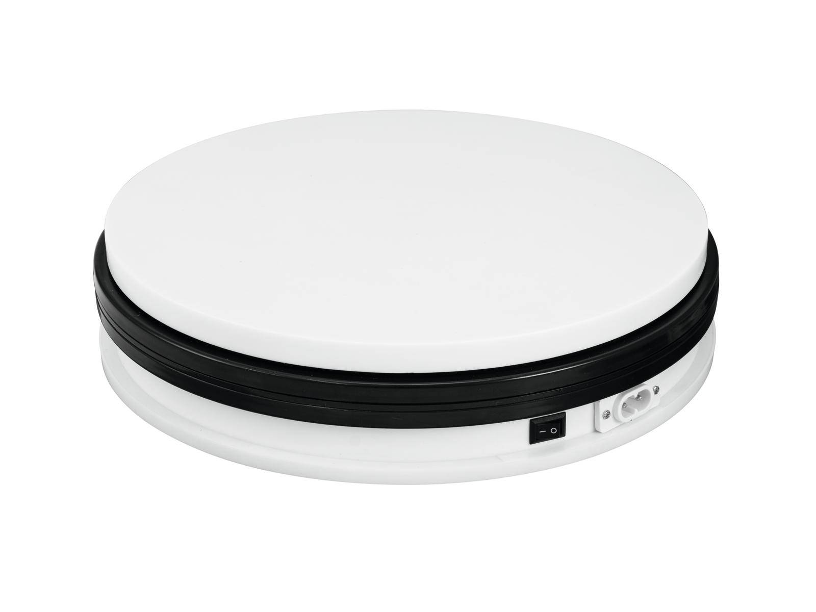 Plateau tournant rond blanc avec un bord noir et un interrupteur sur le côté. Adapté pour les présentations ou les expositions.