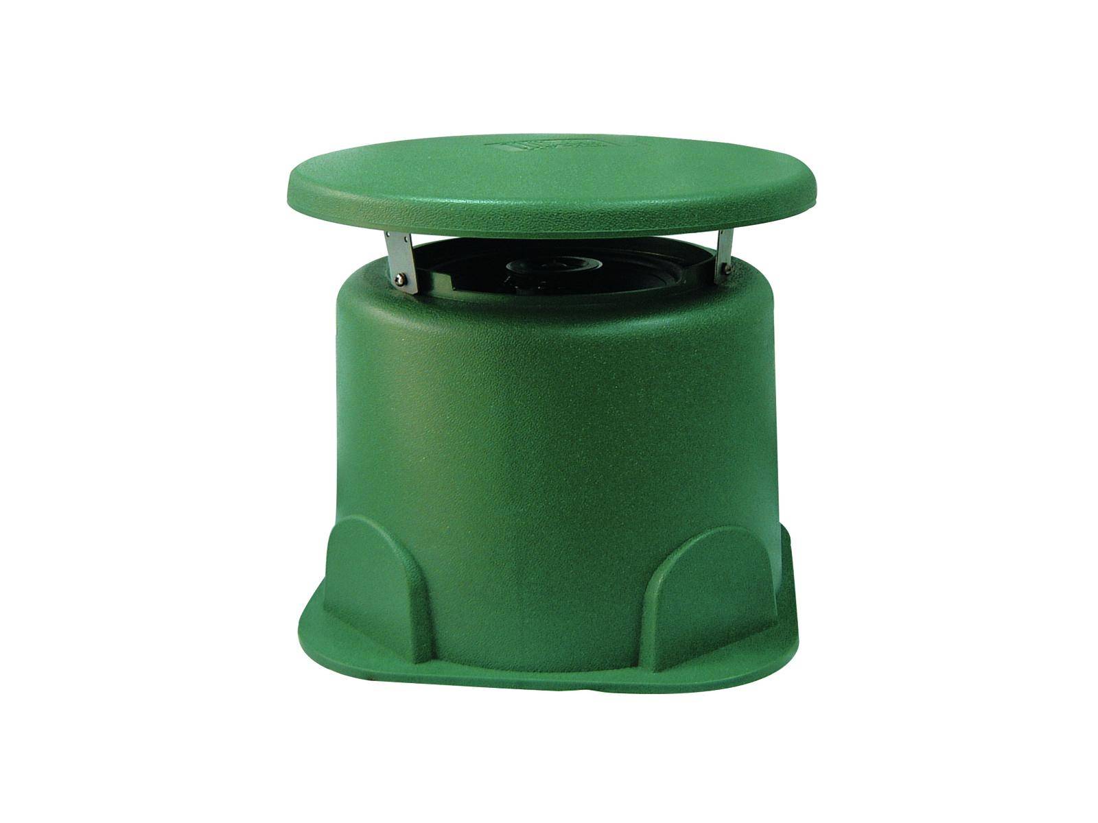 Haut-parleur extérieur vert avec boîtier circulaire, adapté aux environnements de jardin ou de parc.