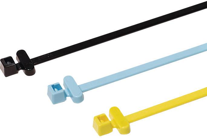 Trois attache-câbles noir, bleu et jaune sur un fond blanc.