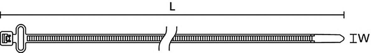 Illustration d'un serre-câble avec les dimensions 'L' pour la longueur et 'W' pour la largeur, toutes deux indiquées.