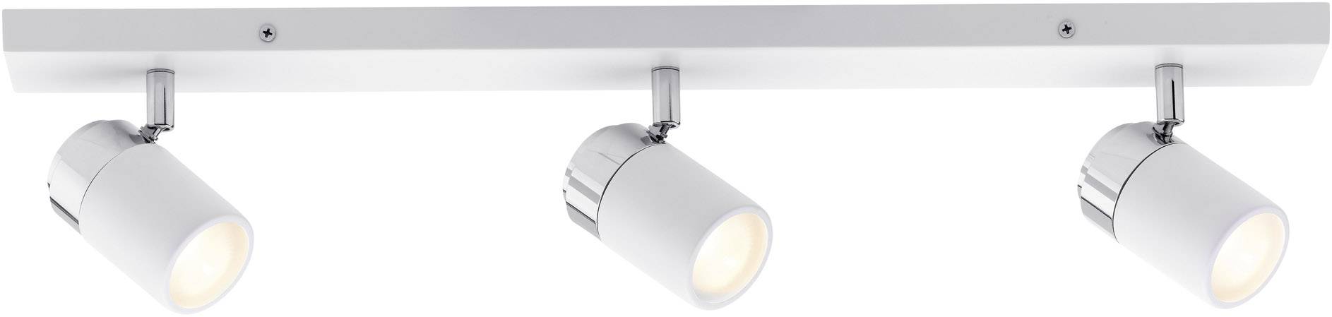 Projecteur triple blanc sur une fine barre métallique, chaque projecteur dirigeant la lumière vers le bas. Idéal pour un éclairage directionnel.