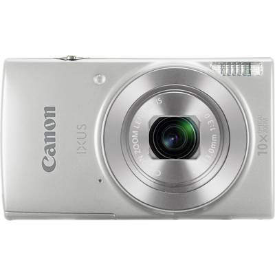 Appareil photo numérique argenté de la marque Canon avec objectif et module flash mis en valeur, compact et portable pour la photographie.