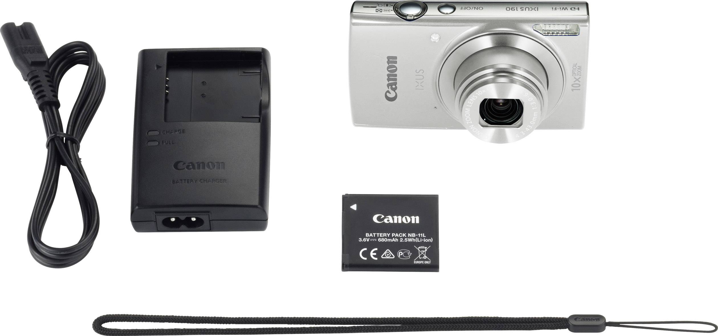 Ensemble de caméra numérique comprenant l'appareil photo, le chargeur, la batterie, le câble et la dragonne.