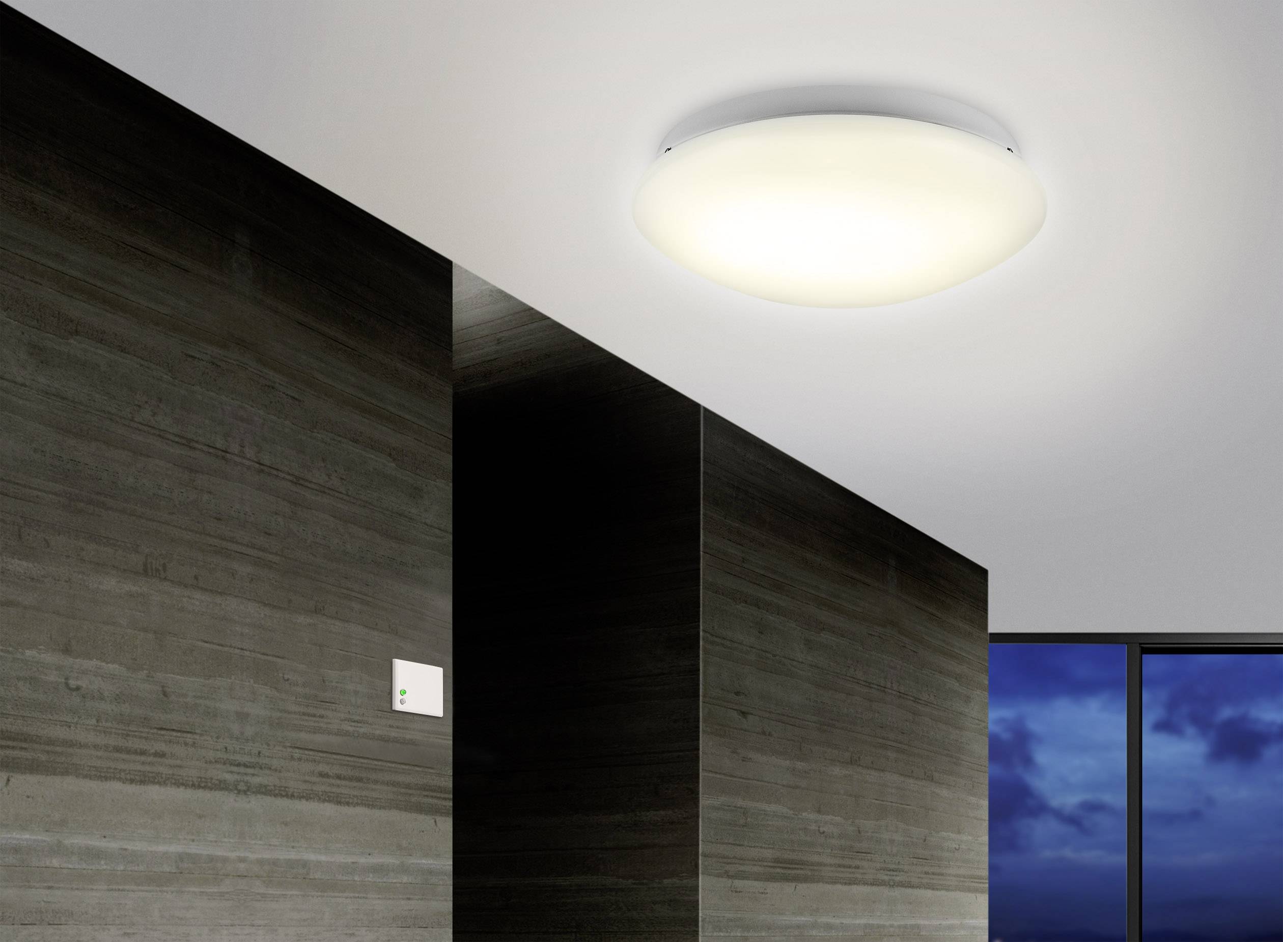 Lustre rond et blanc dans un espace moderne aux murs sombres, avec une fenêtre donnant sur un crépuscule bleu foncé.