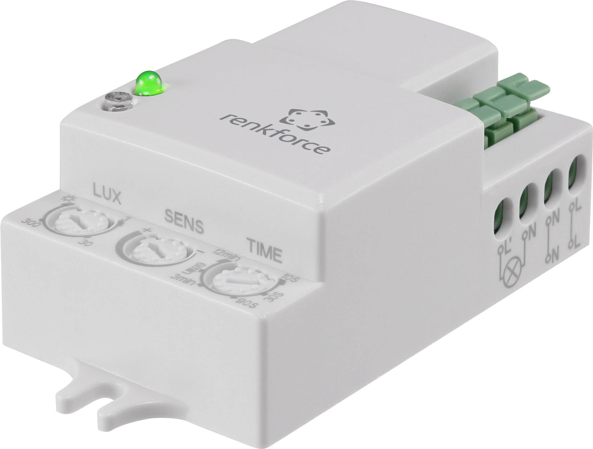 Horloge électronique blanche avec trois réglages pour la sensibilité lumineuse, la sensibilité et le temps. Une petite LED verte sur le côté.