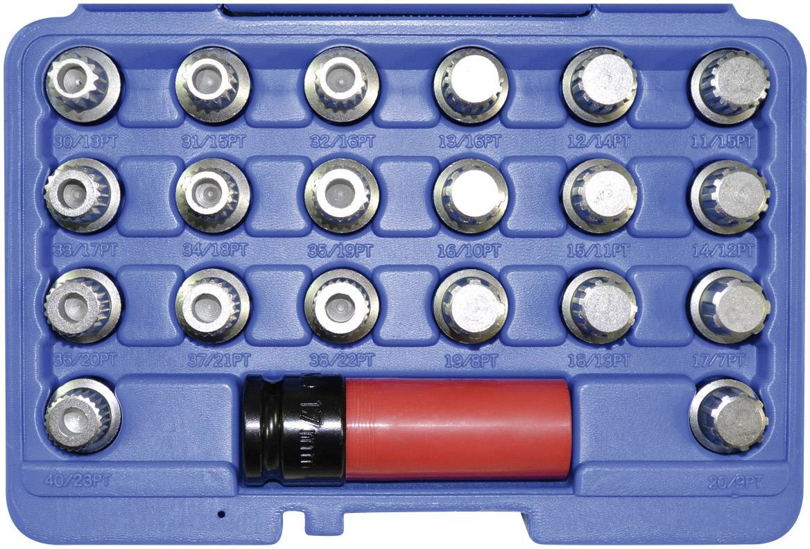 Coffret de 21 douilles de différentes tailles dans un étui en plastique bleu, comprenant un embout de poignée rouge.