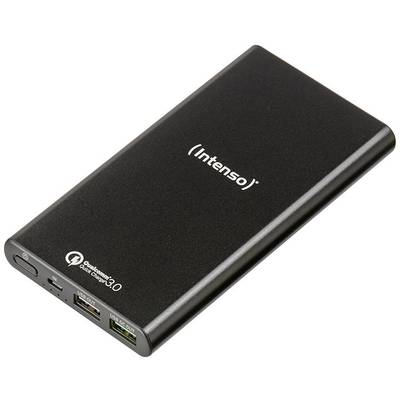 Batterie externe noire avec logo 'Intenso', deux ports USB, dont un marqué en vert pour la charge rapide, et l'inscription 'Quick Charge 3.0'.