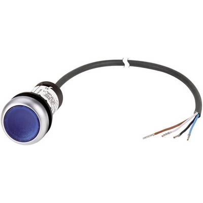 Bouton-poussoir rond bleu avec boîtier noir et câble à trois fils dénudés : marron, blanc, bleu.