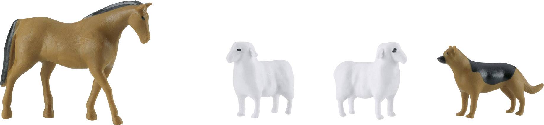 Un cheval brun, deux moutons blancs et un chien brun avec des taches noires côte à côte.