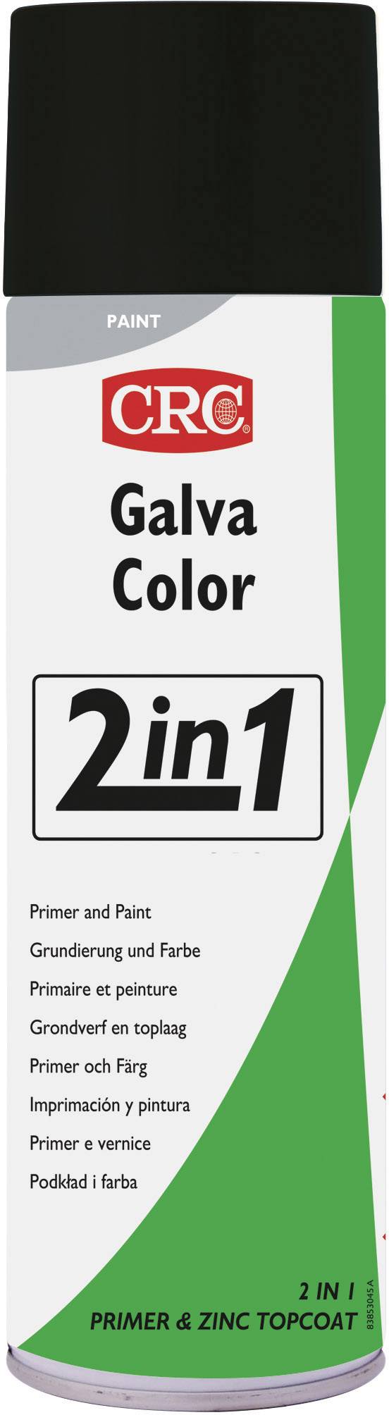 Bombe aérosol avec étiquette vert et blanc, portant l'inscription 'CRC Galva Color 2 en 1'. Contient un apprêt et une peinture dans un seul produit.