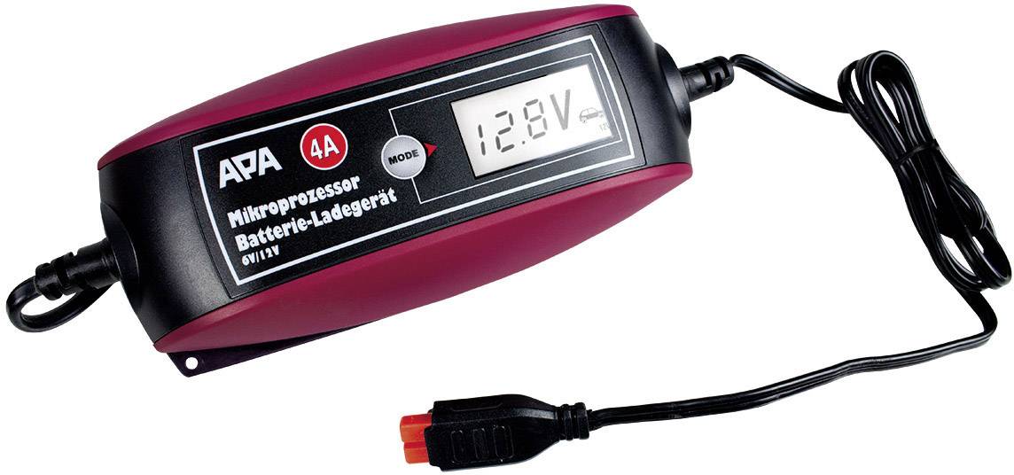 Chargeur de batterie avec affichage numérique, indiquant une tension de 12,8V. Adapté pour une charge de 4A. Design ovale rouge avec câble connecté.