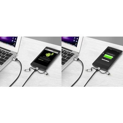 Un smartphone est connecté à un ordinateur portable via un câble USB et affiche un état de charge et une notification de mise à jour Android sur son écran.