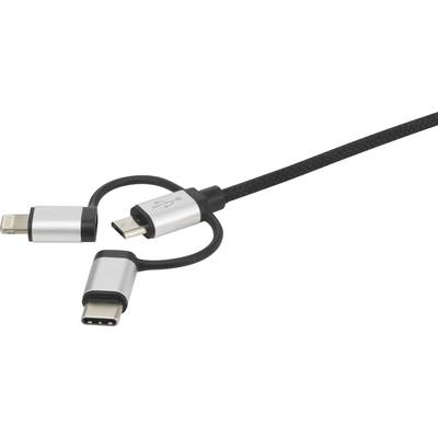 Un câble de charge USB avec trois connecteurs : Lightning, Micro-USB et USB-C, adapté à différents appareils.