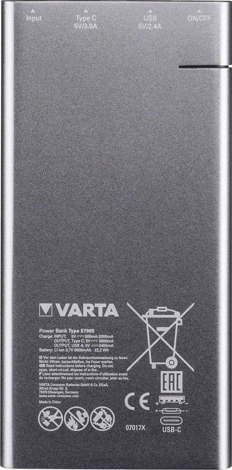 Varta Portable Slim Powerbank (batterie supplémentaire) 6000 mAh LiPo Micro USB argent affichage du statut-6