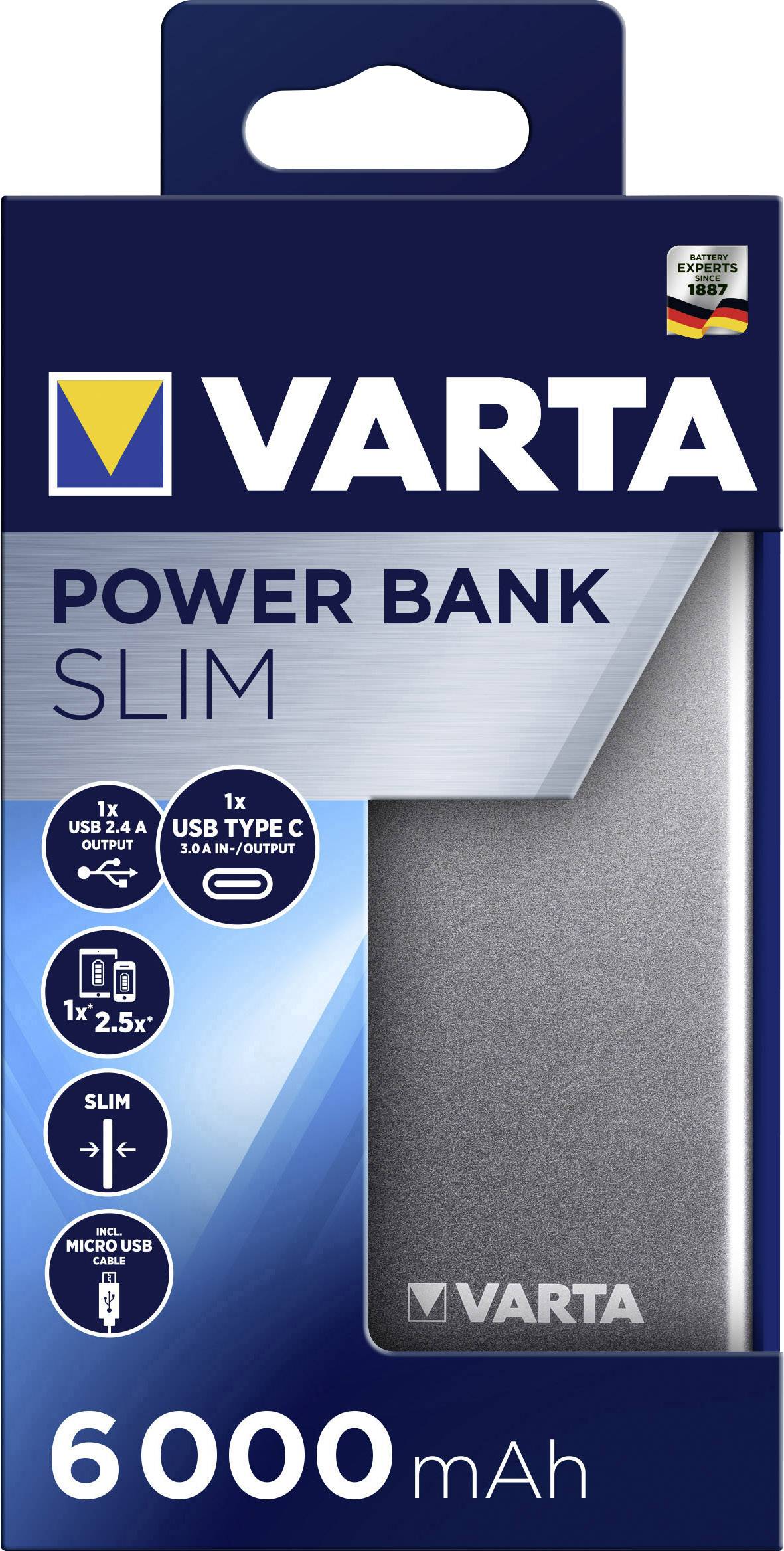 Varta Portable Slim Powerbank (batterie supplémentaire) 6000 mAh LiPo Micro USB argent affichage du statut-8
