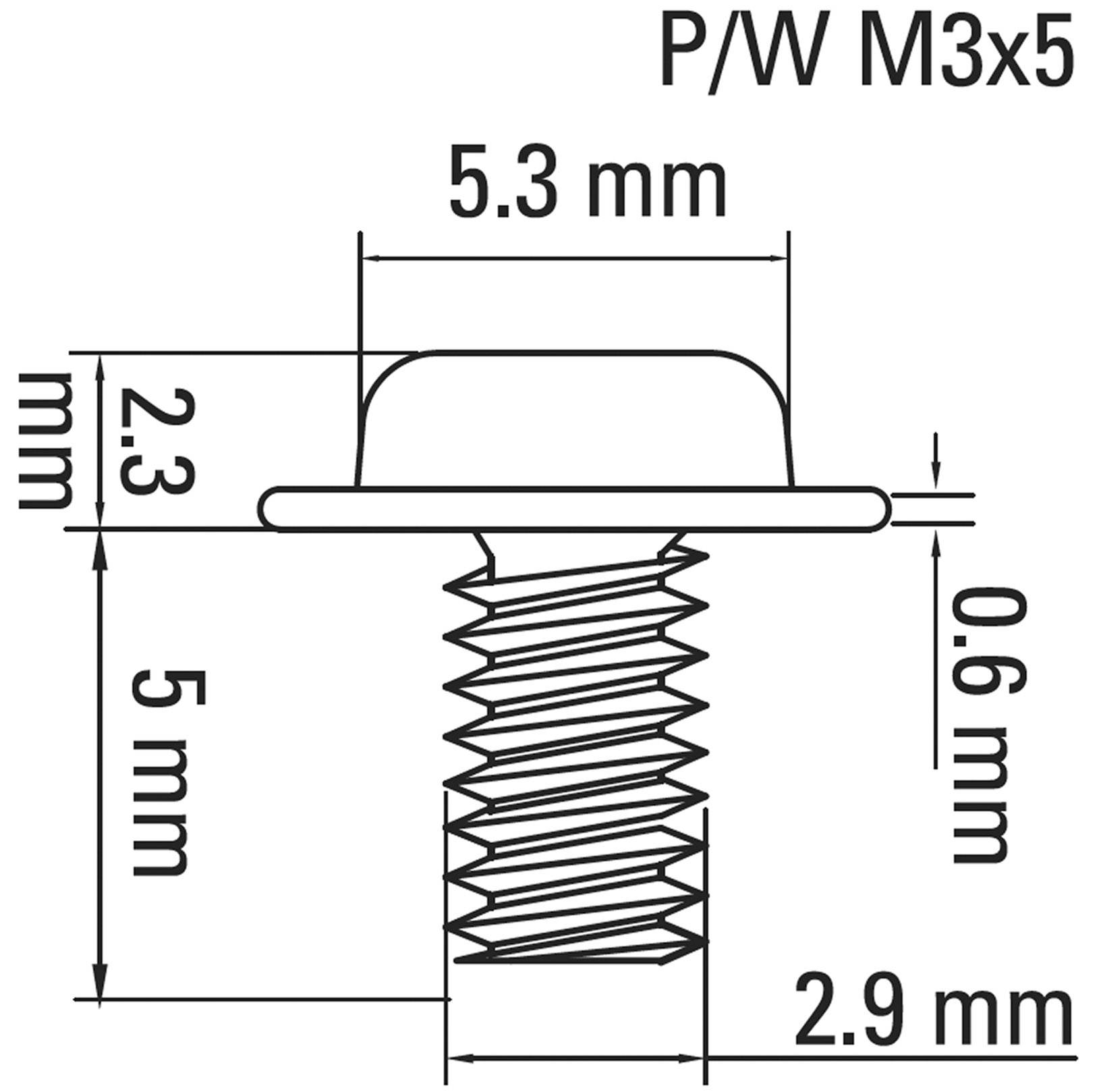 Dessin technique d'une vis P/W M3x5 avec dimensions : longueur totale 5,3 mm, diamètre 3 mm, longueur du filetage 5 mm, hauteur de tête 2,3 mm.