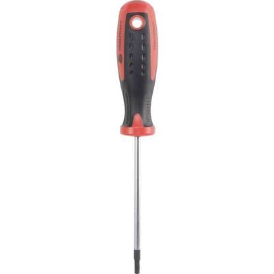 Sur un fond blanc, un tournevis noir et rouge est représenté. La poignée est ergonomique avec des surfaces antidérapantes.