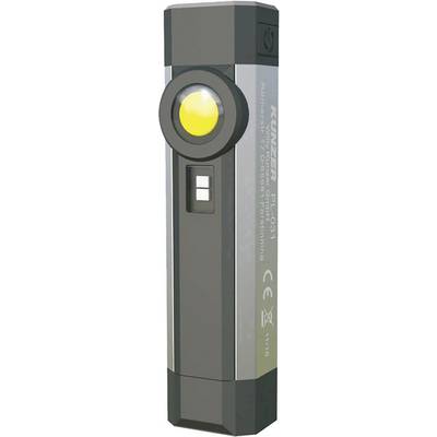Une lampe de poche noire de Kunzer, modèle PL-031, avec lumière jaune et marquage CE.