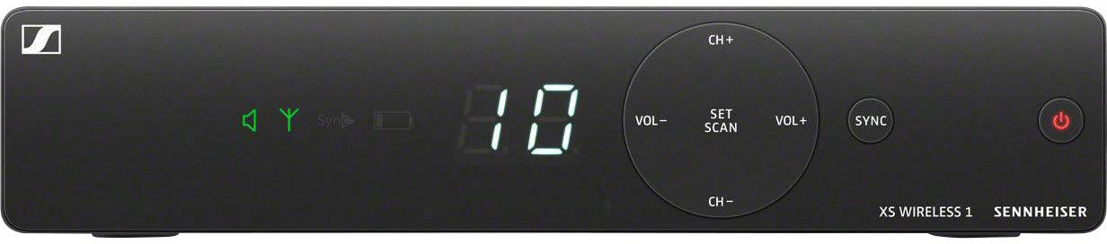 Récepteur audio sans fil noir avec affichage LED, boutons de volume, sélection de canal et marche/arrêt sur la face avant.