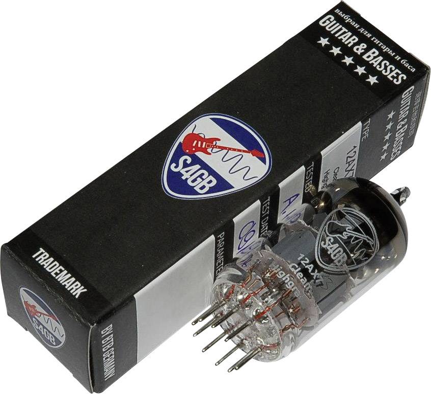 Emballage et tube électronique pour amplificateur de guitare, avec logo 'S4GB' et modèle de tube '12AX7' visible.