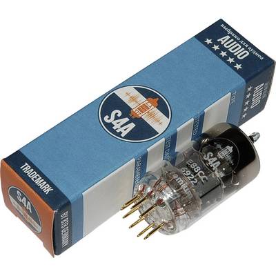 'Audio-Röhre E88CC S4A' à côté de son emballage bleu avec logo orange. À gauche 'TRADEMARK', à droite 'AUDIO', 'TESTED', 'QUALITY'.