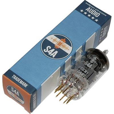 Emballage et tube électronique de 'S4A', étiqueté 'ECC81'. Le tube montre des broches métalliques et un bulbe en verre ; l'emballage est de couleur bleue.