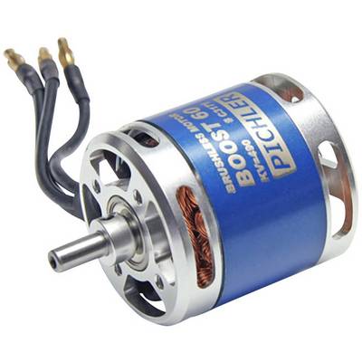 Un moteur électrique bleu cylindrique portant l'inscription 'Boost 60 Pichler', avec des câbles et des connexions visibles pour la modélisme.