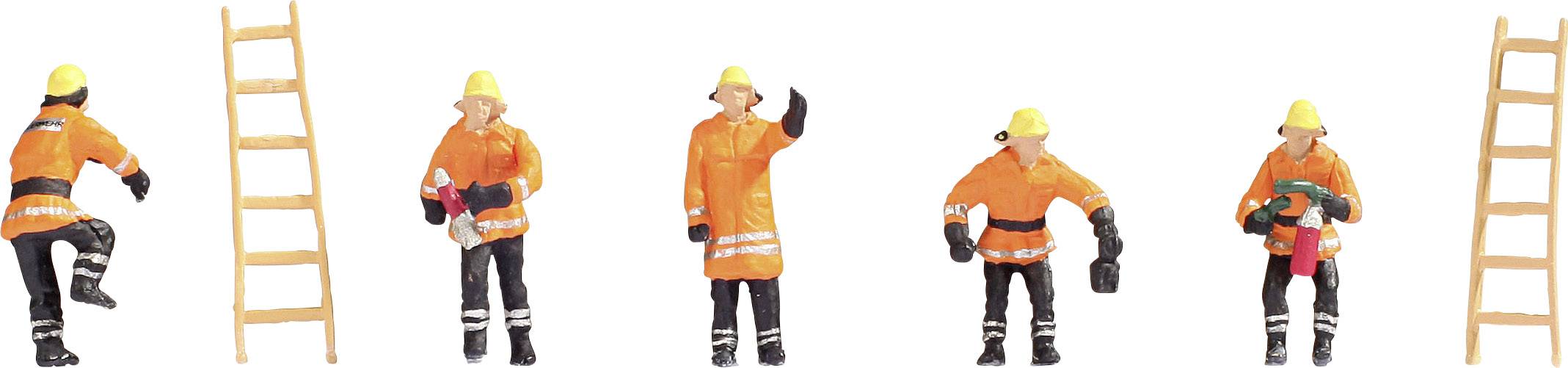 Cinq figurines miniatures en vêtements de travail orange symbolisant des travaux de construction, ainsi que deux échelles.