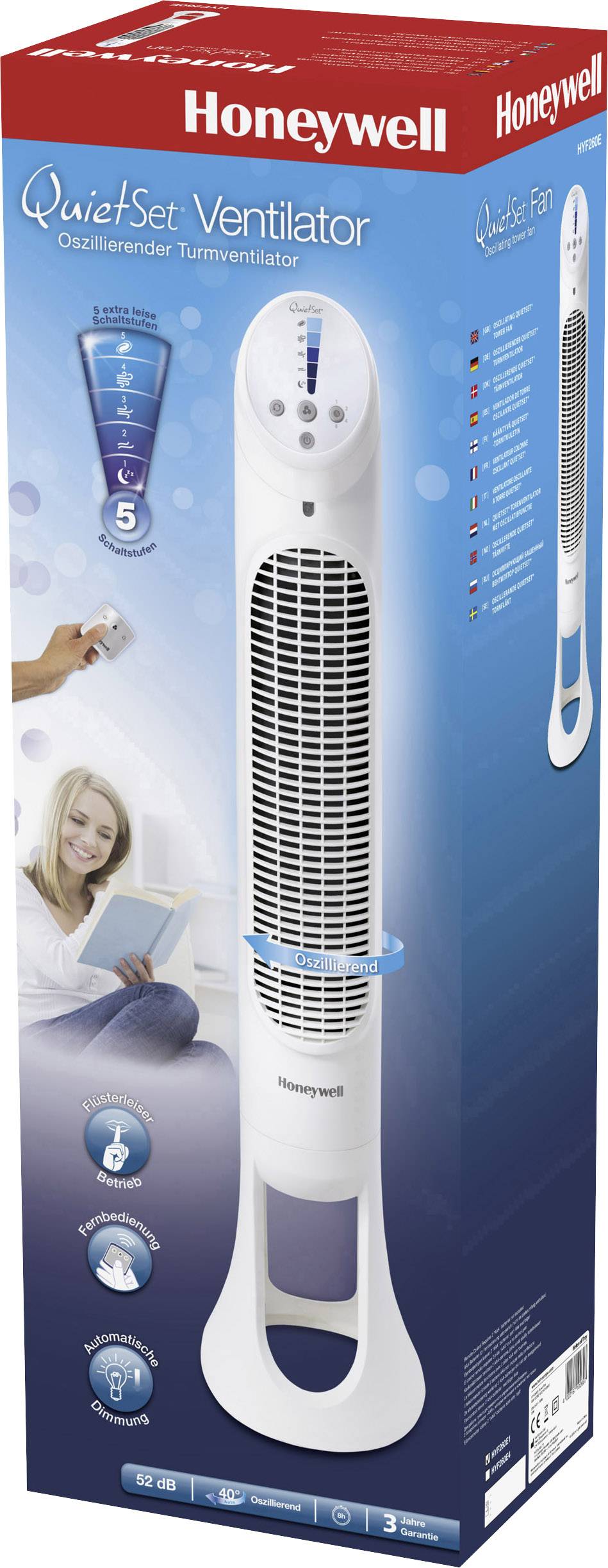 Emballage d'un ventilateur colonne Honeywell QuietSet. Présente le ventilateur et ses fonctionnalités telles que le réglage silencieux et la télécommande.