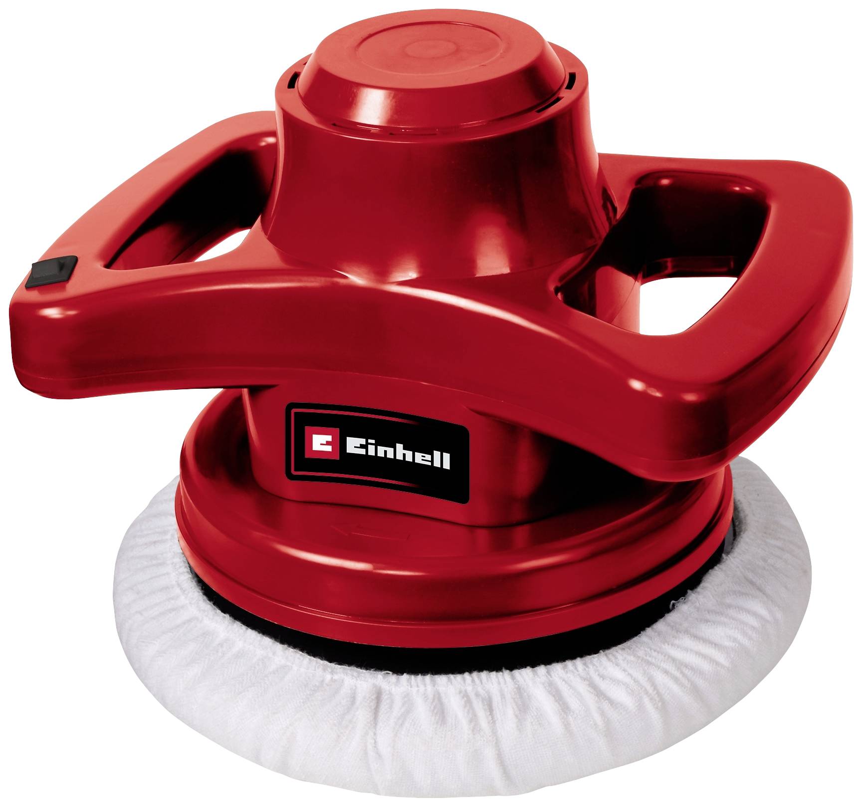 Une polisseuse Einhell rouge avec deux poignées facilement accessibles et un pad de polissage blanc sur sa face inférieure.
