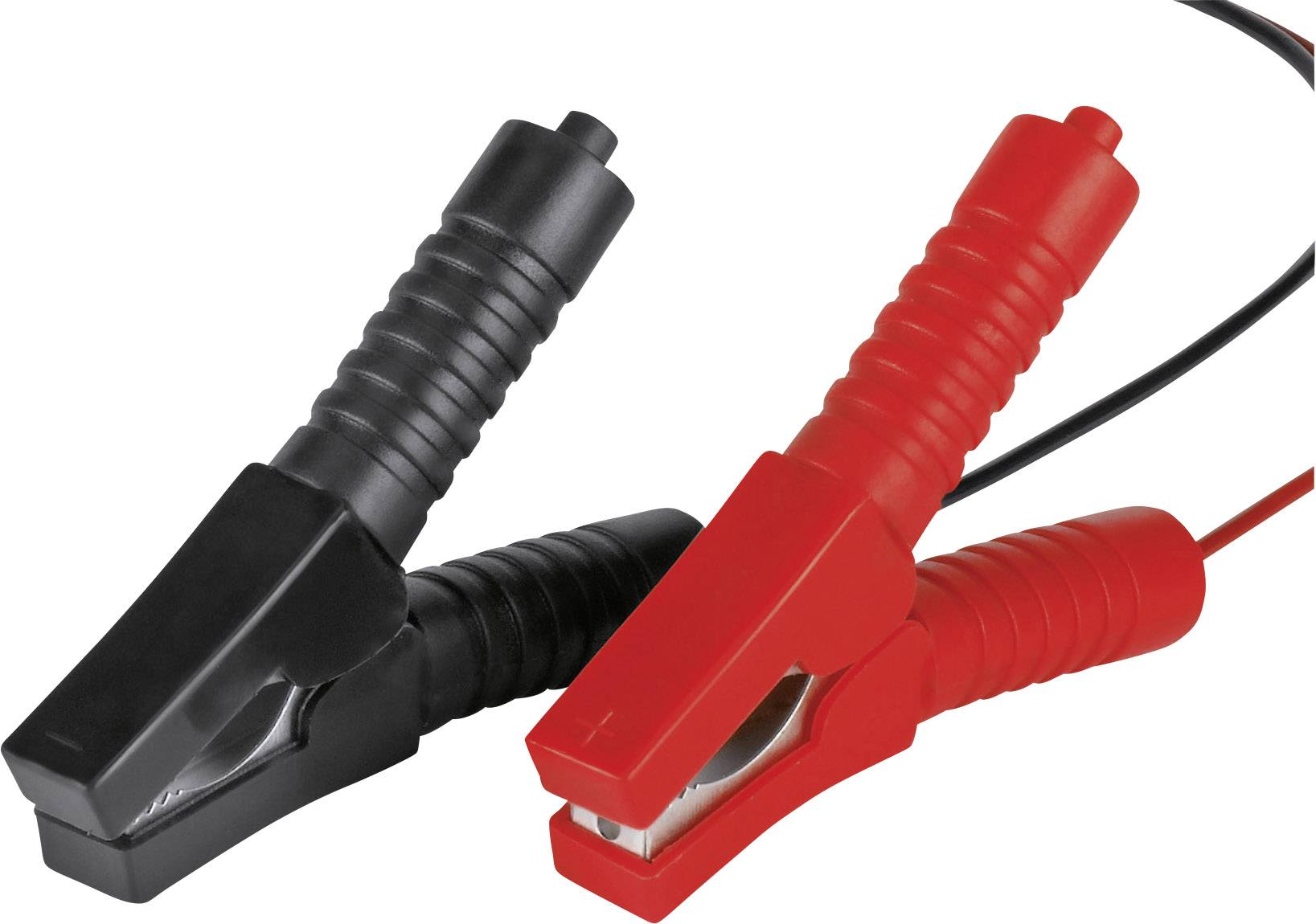 Connecteurs de câbles de démarrage pour voiture en noir et rouge. Connecteur noir à gauche, connecteur rouge à droite. Les câbles relient les batteries pour le démarrage.