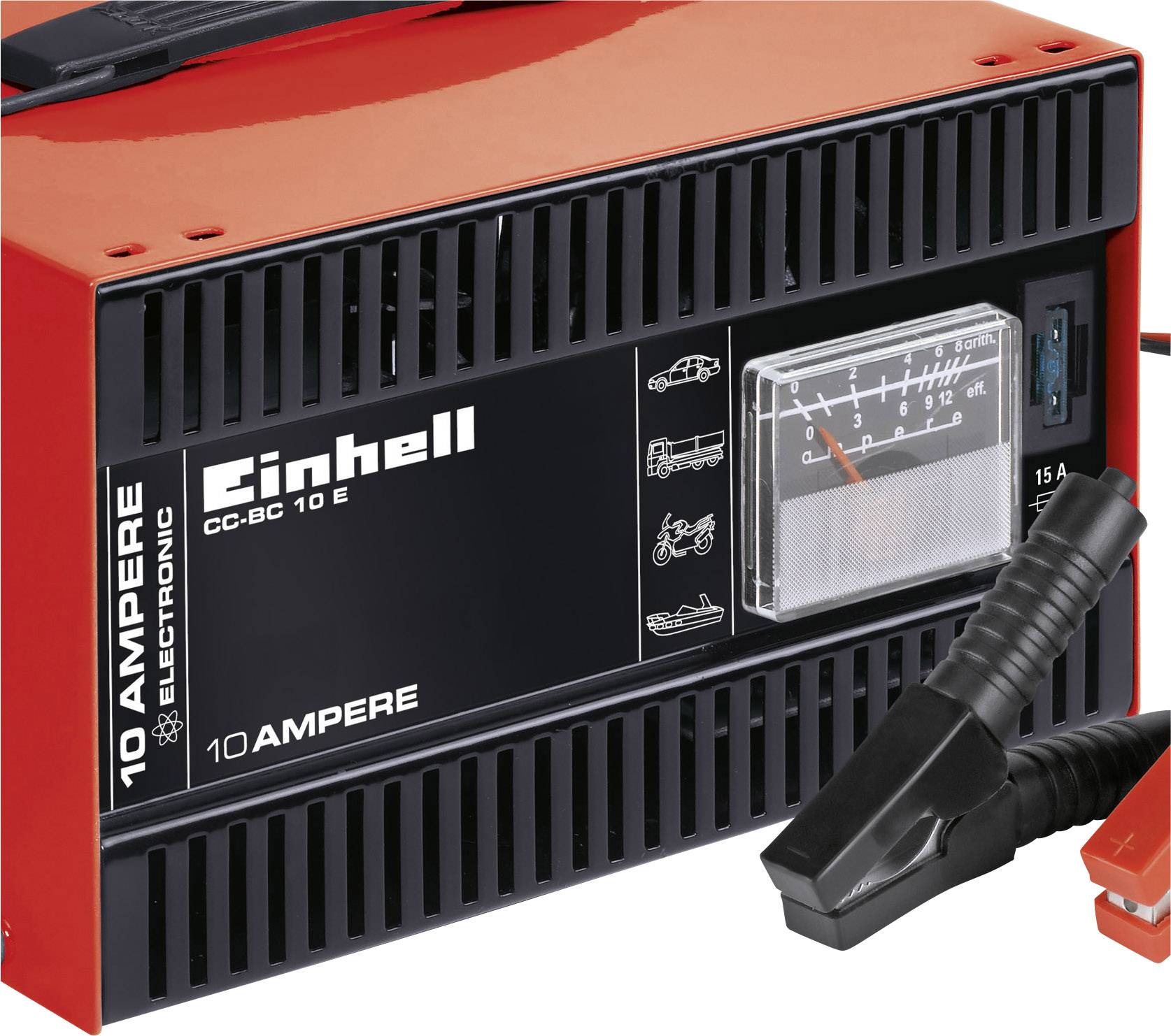 Chargeur de batterie rouge avec façade noire et indicateur de charge. Convient pour les batteries de voitures et de motos.