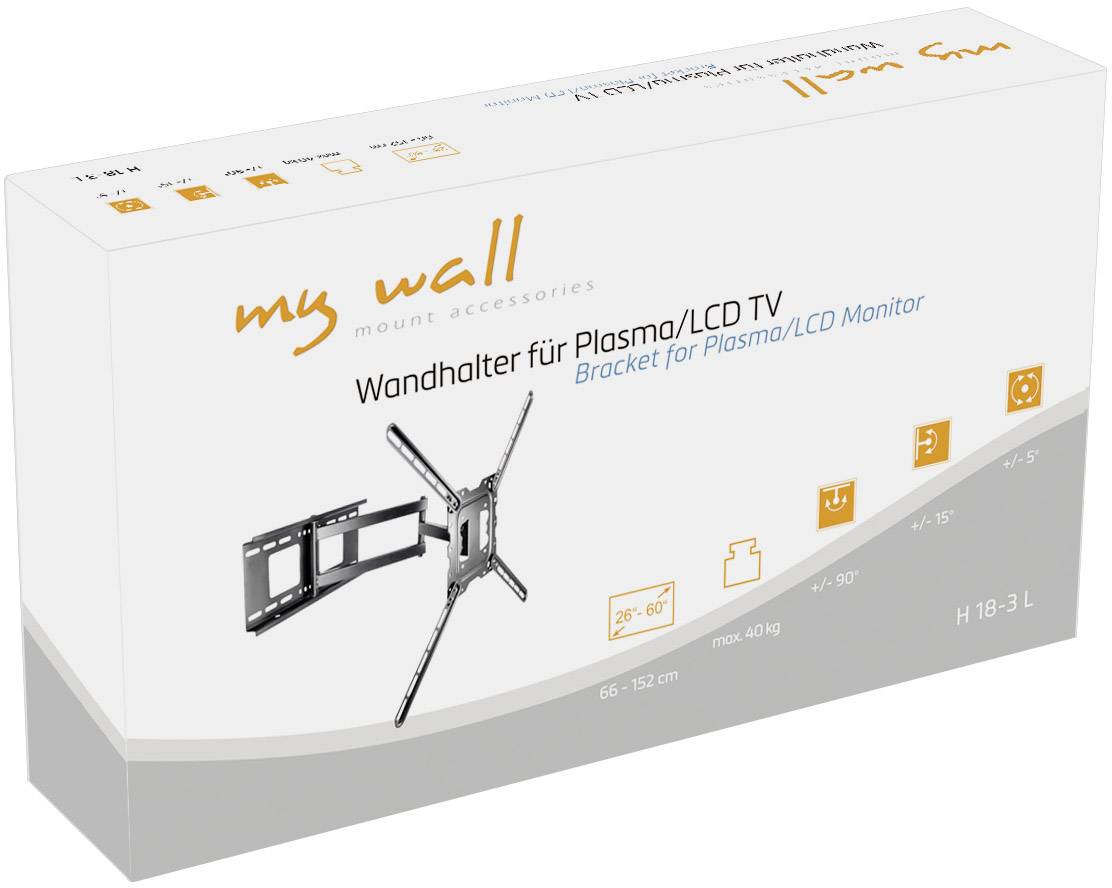 Boîte en carton portant l'inscription 'Support mural pour TV Plasma/LCD'. Un support de téléviseur est illustré avec des détails sur la compatibilité des tailles.
