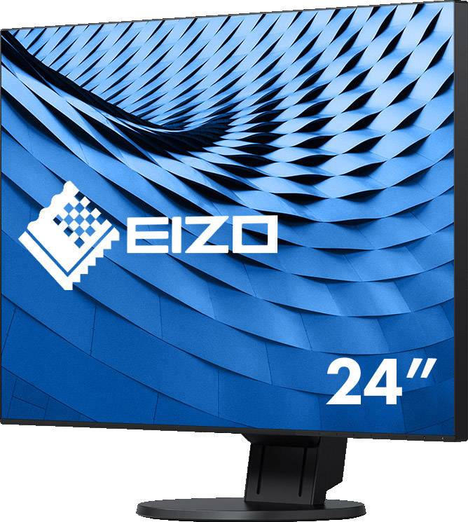 Un écran d'ordinateur de la marque EIZO avec un motif géométrique bleu sur l'écran, affichant une taille de 24".