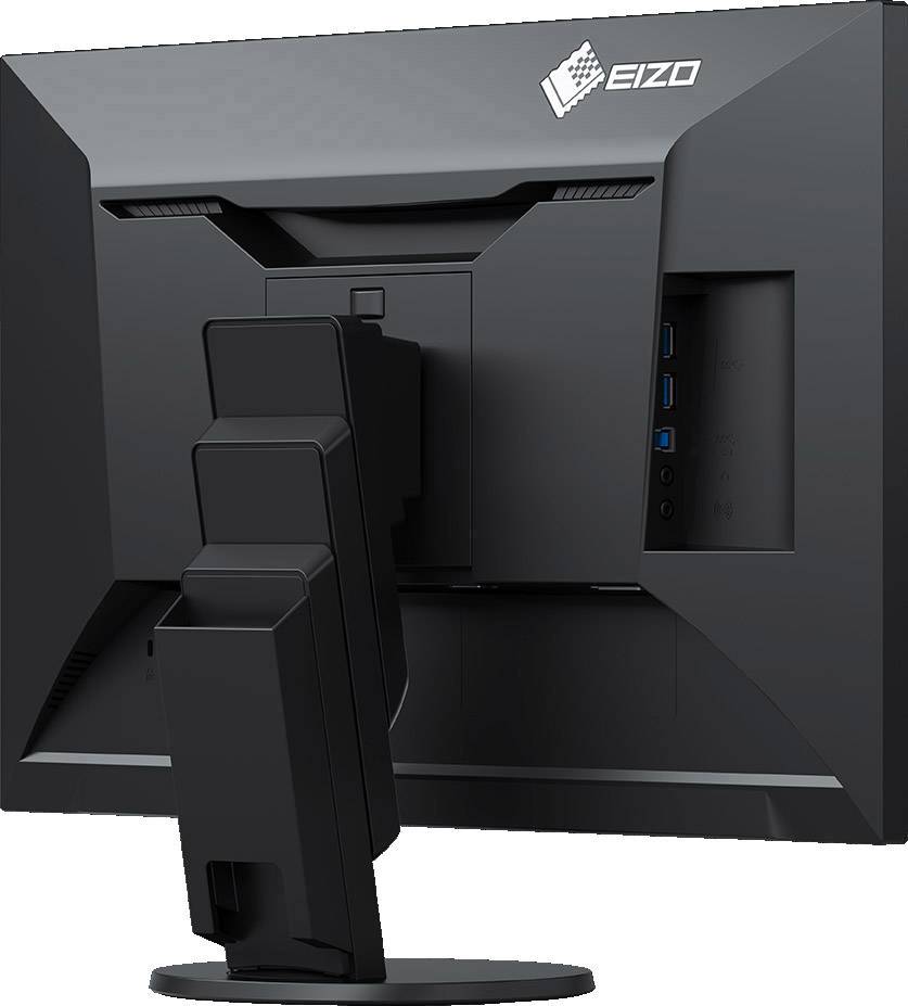Un moniteur d'ordinateur noir vu de dos. Des ports USB et d'autres connexions sont visibles. La marque 'Eizo' est située en haut à gauche.